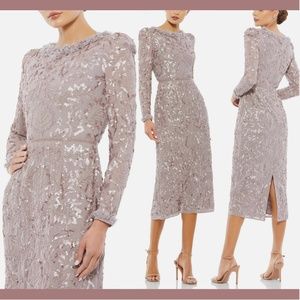 NWT $498 Mac Duggal [ 4 ] Embellished High Neck Puff Sleeve‎ Dress in Mauve